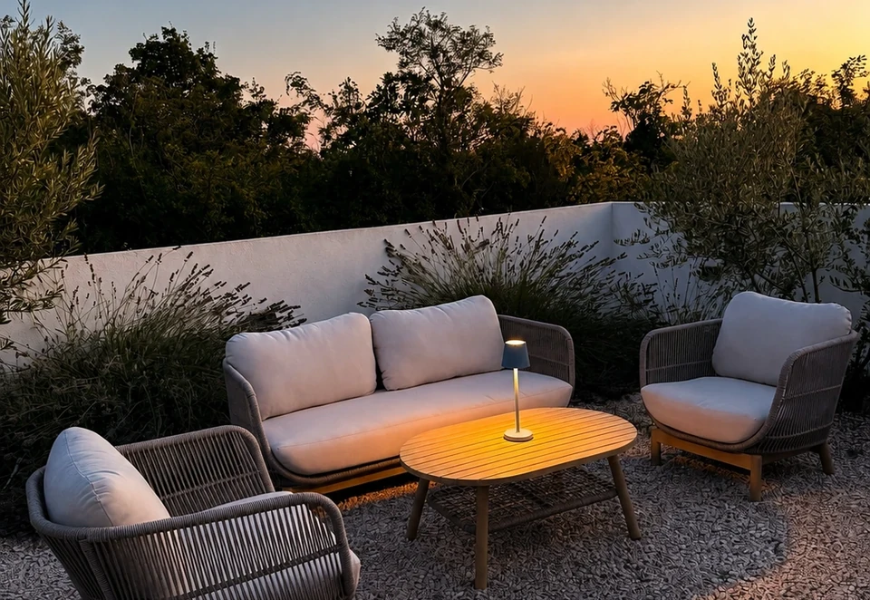 Outdoor lounge at sunset at Villa Julija