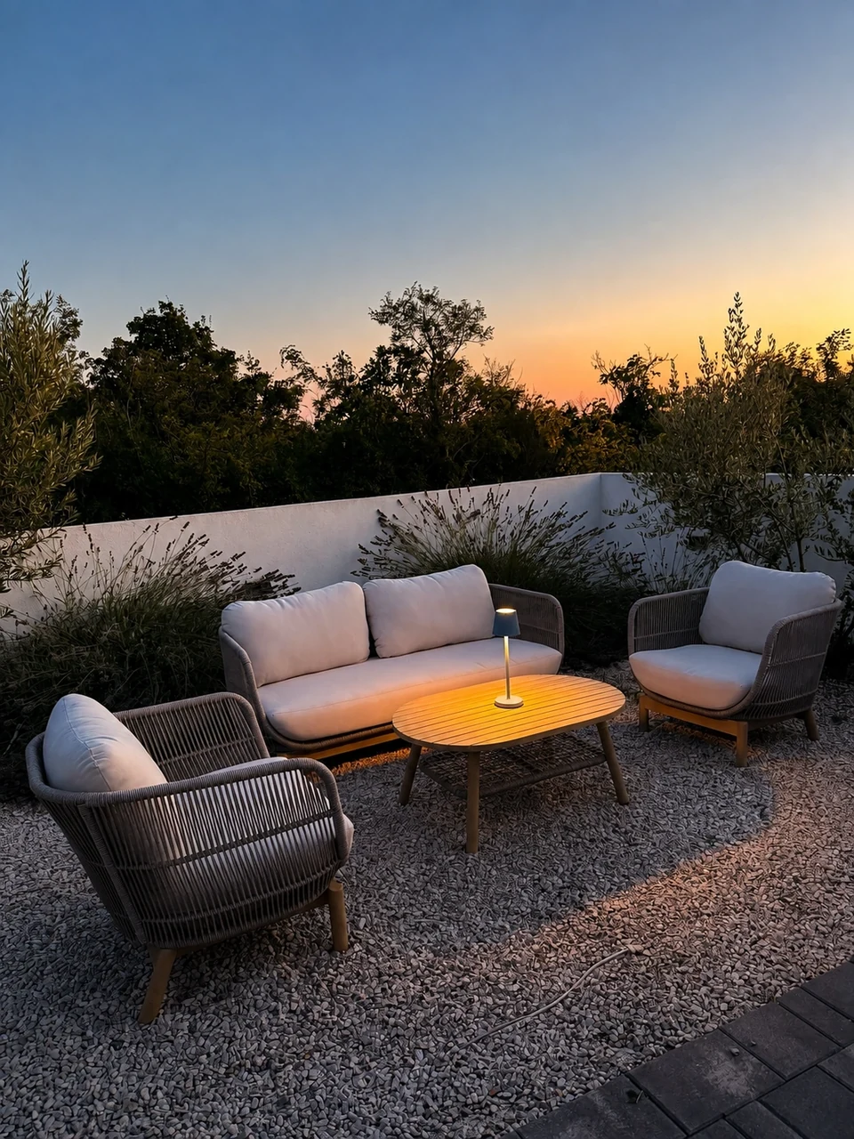 Outdoor lounge at sunset at Villa Julija